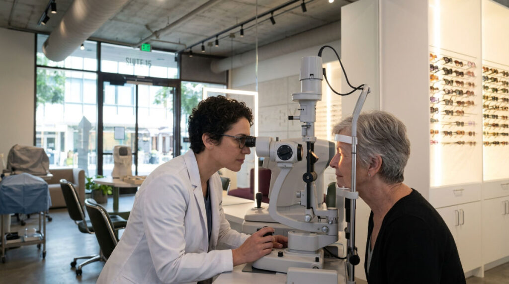 A professional eye exam at EYE EYE San Diego where an optometrist checks for signs of Type 2 diabetes.