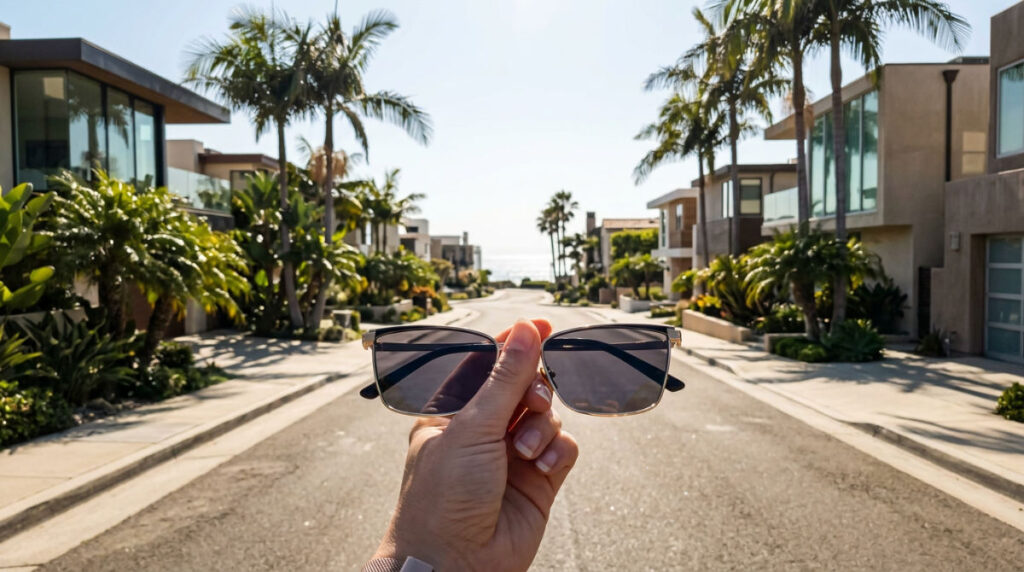 A view of a sunny San Diego street seen through polarized sunglass lenses to demonstrate light management.