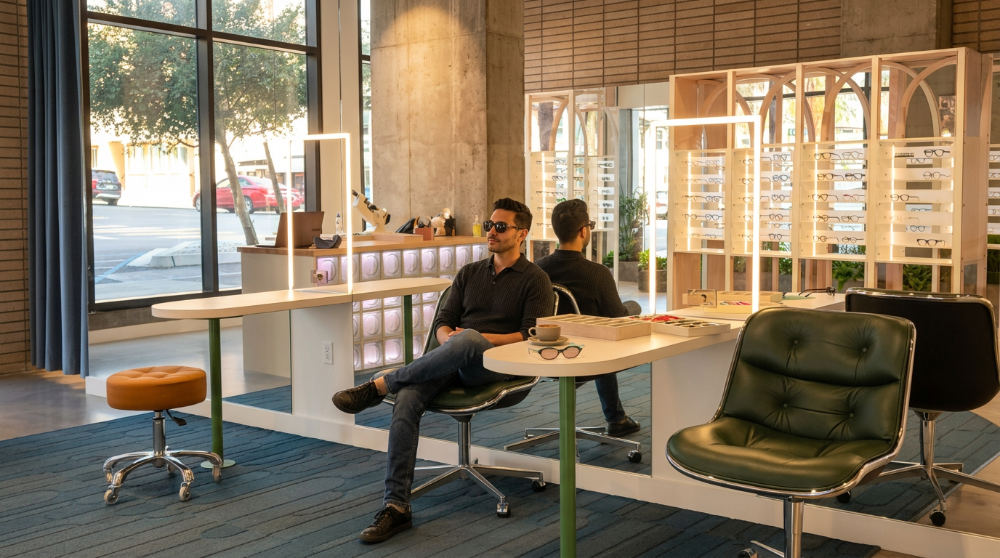 Patient sitting at an outdoor cafe in Bankers Hill wearing sunglasses after an eye exam.