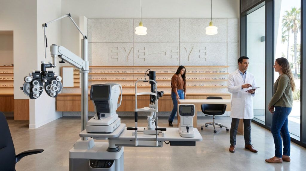 Professional eye examination procedure at a modern optometry practice