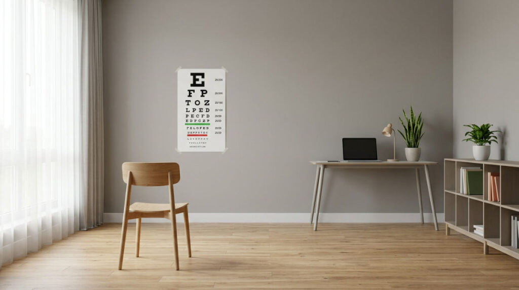 A printed Snellen eye chart for home vision screening taped to a wall in a bright room.
