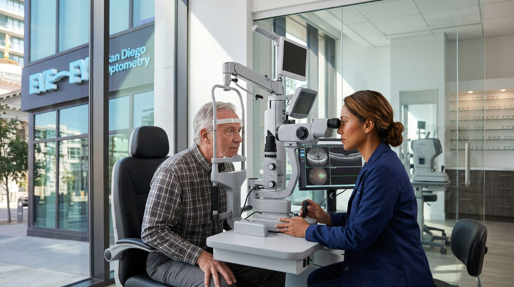 A licensed optometrist using specialized medical technology to perform a comprehensive eye exam for a patient.