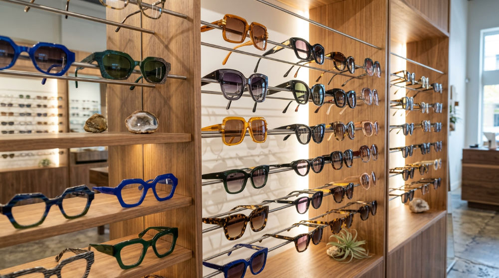 A diverse collection of colorful independent designer eyeglass frames organized on shelves in a San Diego boutique.