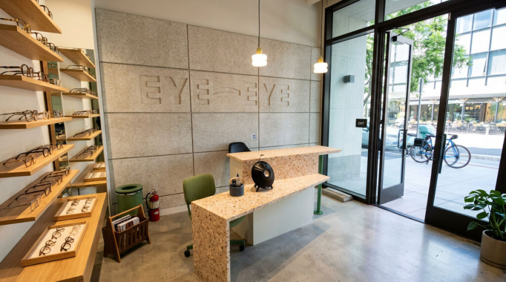 The interior of EYE EYE San Diego Optometry featuring a curated collection of independent designer frames on minimalist shelves.