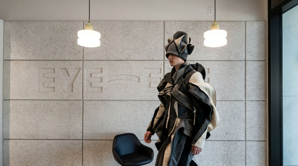 A model showcasing a sculptural genderfluid design by Joseph McRae in a modern architectural setting.