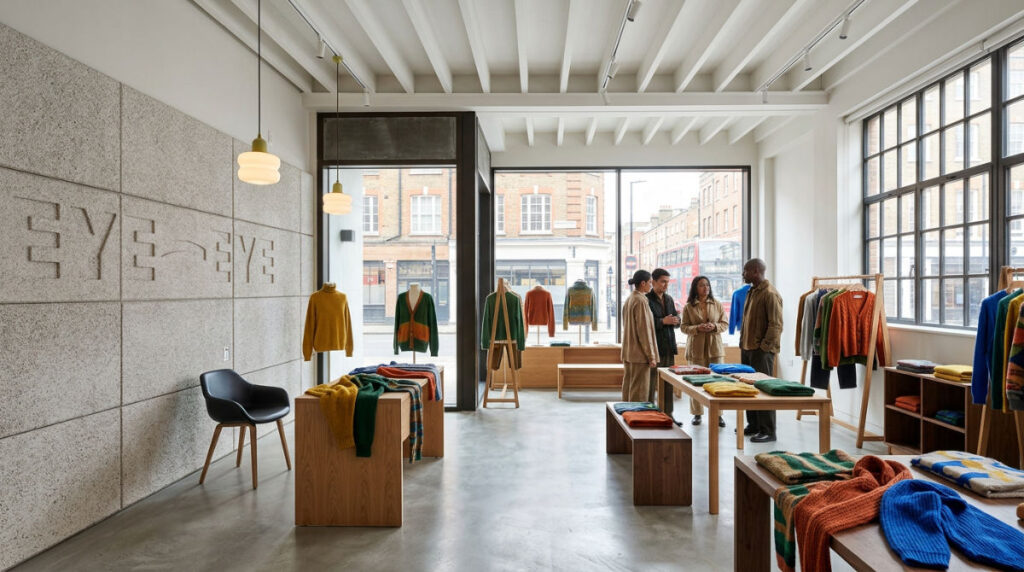 A minimalist London fashion studio showcasing colorful high-end knitwear and independent design elements in natural light.