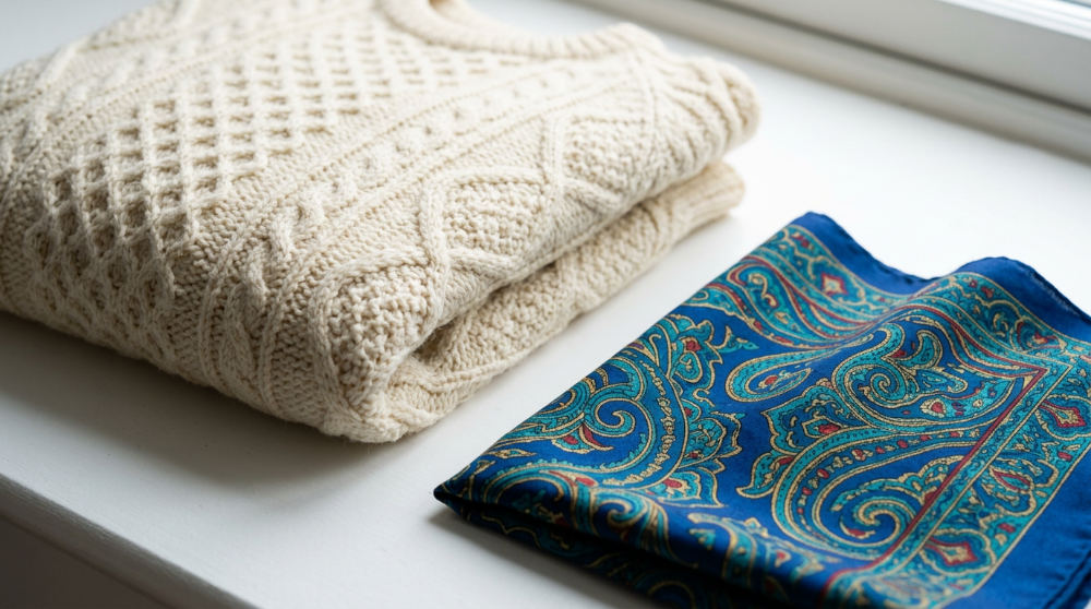 A detailed close-up of traditional Aran knit patterns and paisley silk textiles, showcasing the textures of British heritage fashion.