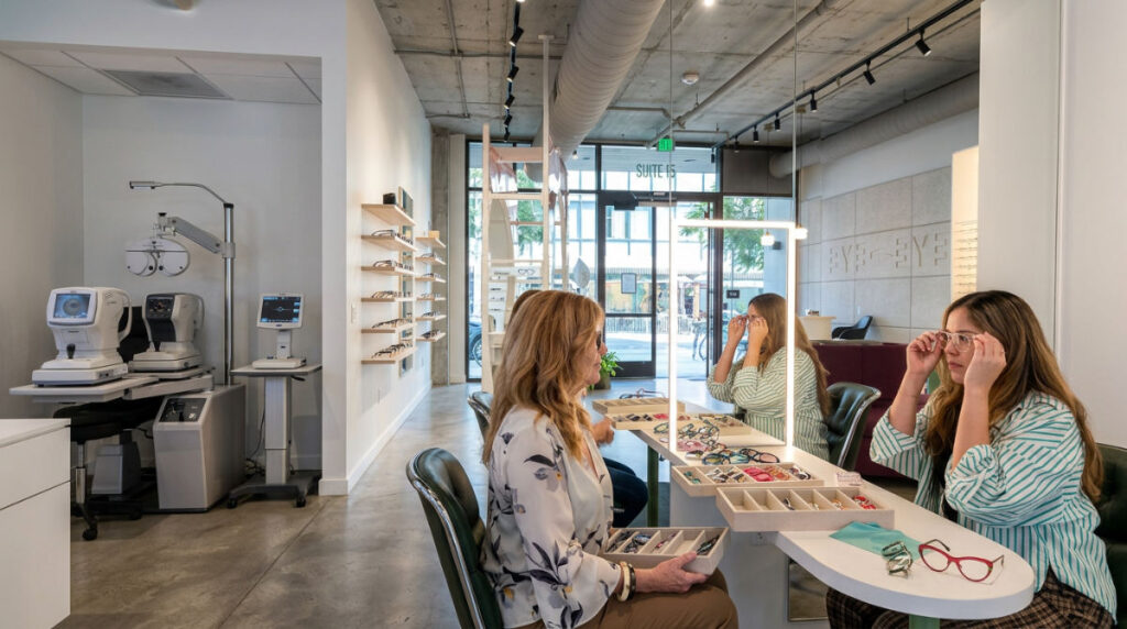 A modern independent optometry practice in San Diego showcasing designer frames and advanced diagnostic eye testing equipment.