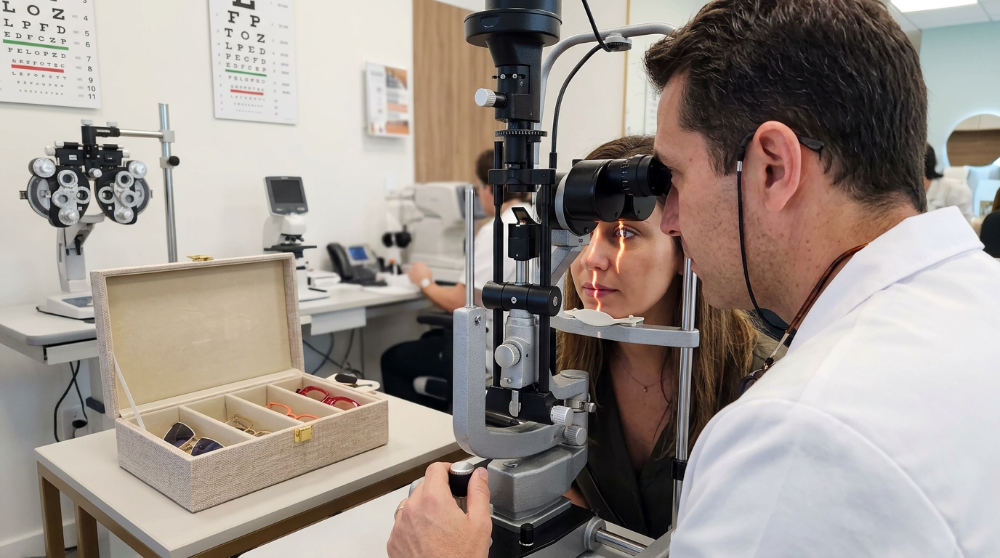 An optometrist performs a slit-lamp examination to check the internal structures of a patient's eye.