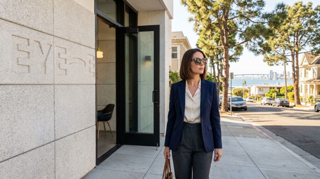 A woman wearing designer prescription sunglasses while walking through the sunny Bankers Hill neighborhood in San Diego.