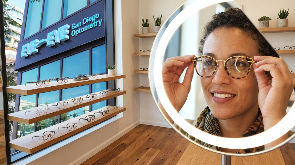 A customer trying on a variety of independent designer sunglasses and optical frames during a professional styling session in a San Diego boutique.