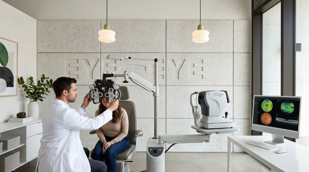A female optometrist in San Diego uses a phoropter to conduct a comprehensive eye exam for a patient.