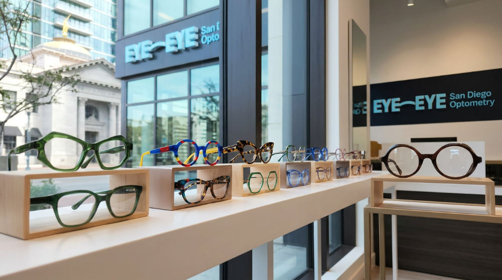 A display case in a Bankers Hill clinic showing unique, colorful independent designer frames.