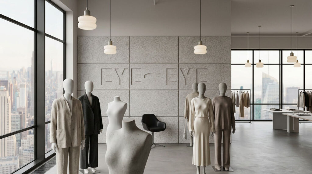 A luxury fashion design studio with high-end neutral garments reflecting the structural style of Sean Kelly.