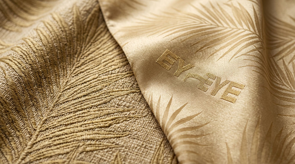 Detailed view of luxury tropical fabrics and palm motifs similar to the Retrofête Spring collections.